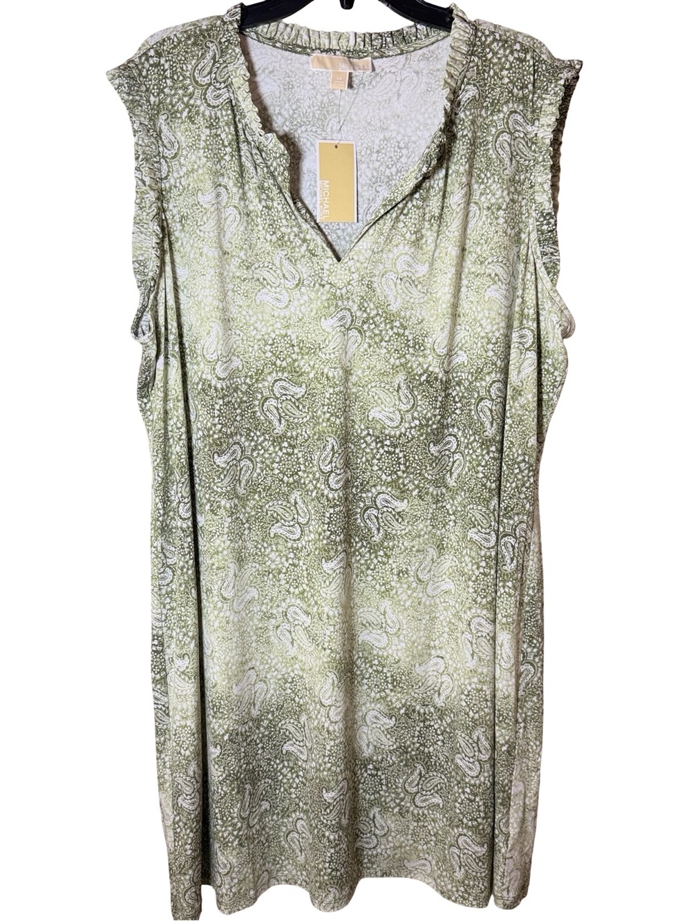 NWT Sleeveless V-Neck Paisley Michael Kors Dress Light Olive Green